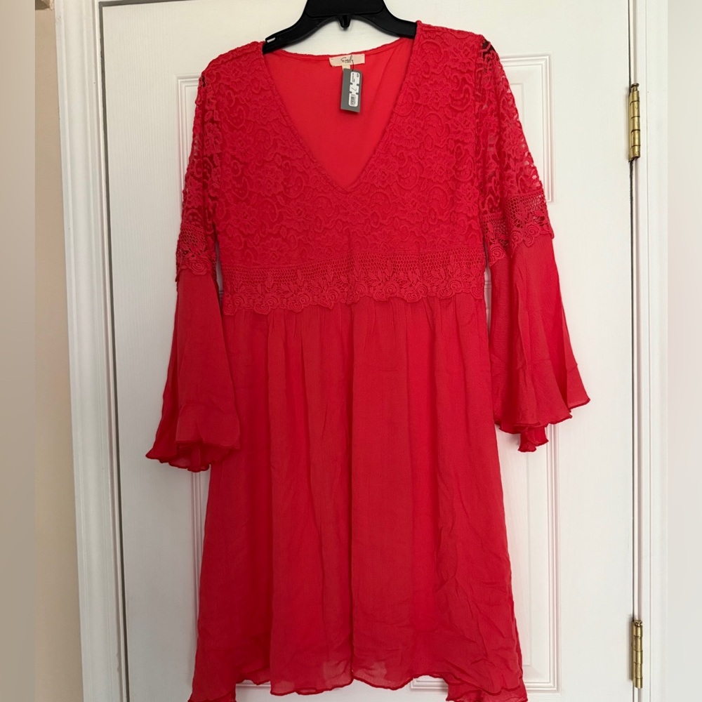 Easel Vibrant Red Long Sleeve Dress